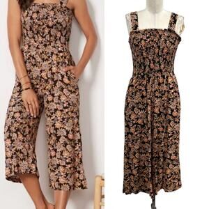 Evereve Maren Jumpsuit Smocked Wide Leg Sleeveless Print Brown Black‎ Size Large
